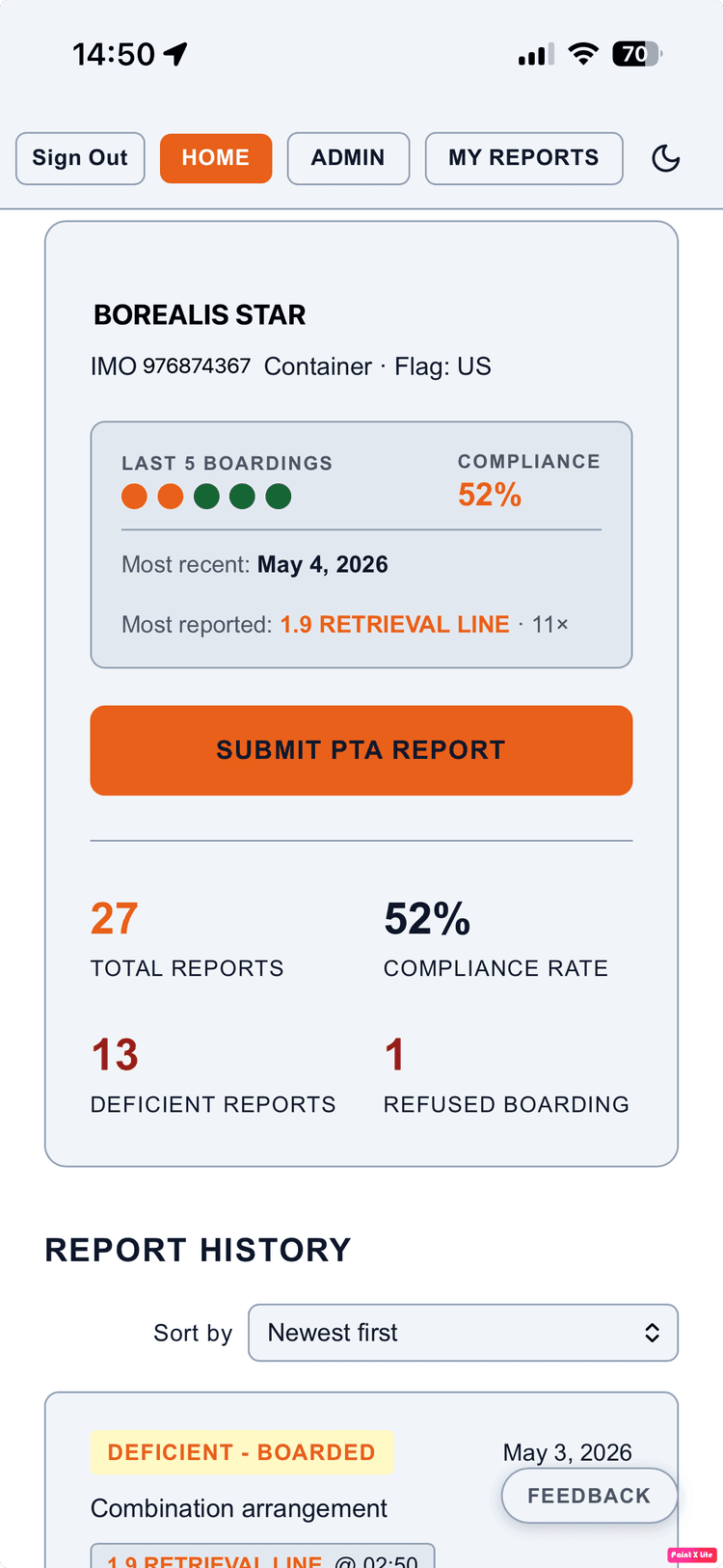 LadderWatch vessel detail page showing MATSON KODIAK compliance history
