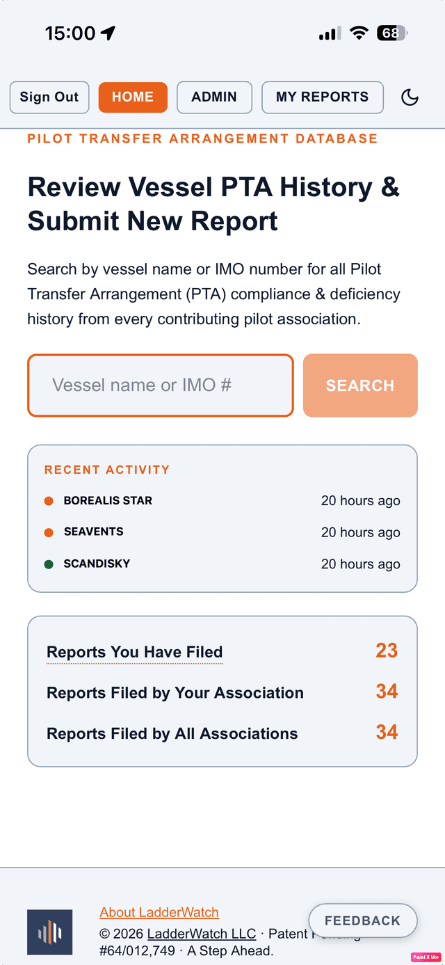 LadderWatch search page showing vessel name input and recent activity